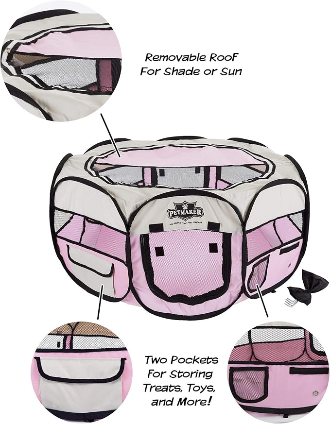 Portable Puppy Playpen - Small Pop-Up Play Yard for Pets Up to 25lbs with Mesh Windows, 2 Pockets, Zippered Roof, and Carry Bag by PETMAKER (Pink)