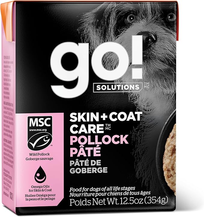GO! SOLUTIONS Skin + Coat Care Wet Dog Food - Pollock Pâté with Grains - Complete & Balanced Nutrition for All Life Stages, 12.5 oz