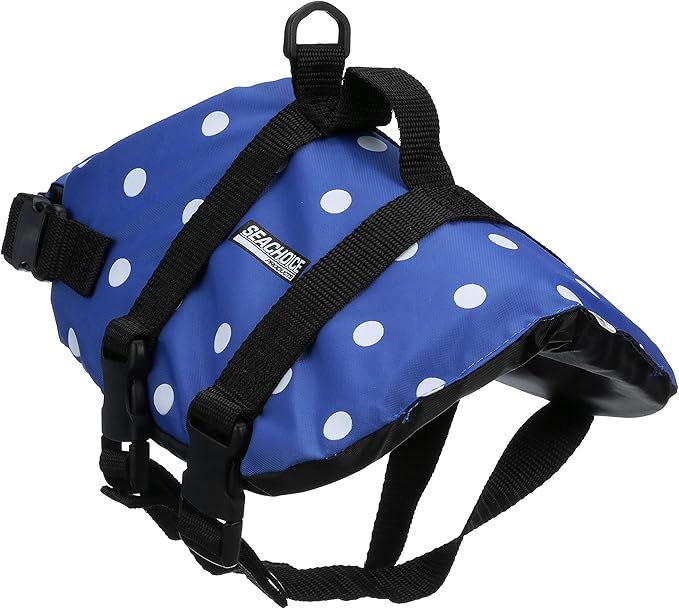 Seachoice Dog Life Vest, Adjustable Life Jacket for Dogs, w/Grab Handle, Blue Polka Dot, Size XS, 7-15 Lbs.