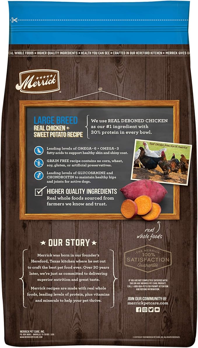 Merrick Grain Free Premium Large Breed Dry Dog Food, Wholesome and Natural Kibble, Chicken and Sweet Potato - 22.0 lb. Bag