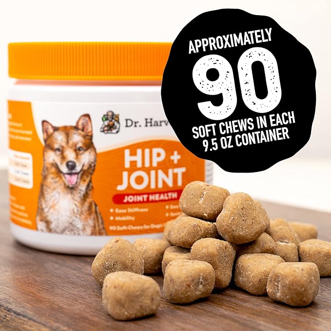 Dr. Harvey's Hip & Joint Soft Chews for Dogs, Daily Mobility Supplement Chewable Bites for Dogs with Glucosamine, Chondroitin & MSM, Green Lipped Mussel, Chicken Flavor (90 Chews)