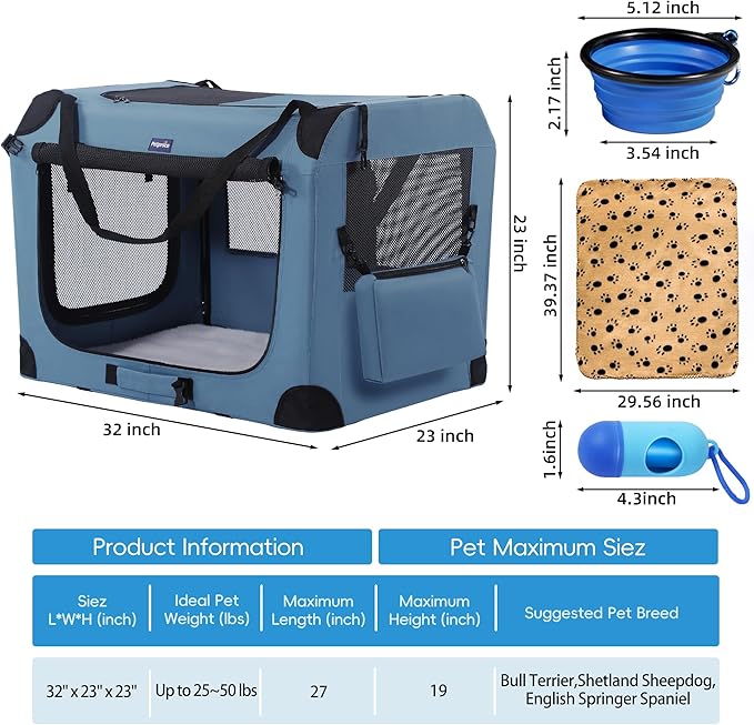 Portable Dog Crate, Collapsible Dog Travel Crate 32x23x23 with Soft Blanket Foldable Bowl and a Poop Bag with Dispenser for Medium & Large Dogs