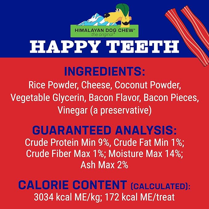 Himalayan Dog Chew Happy Teeth Yak Cheese Dog Chews Dental Chews, 100% Natural, Long Lasting, Gluten Free, Healthy & Safe Dog Treats for Oral Health, Lactose & Grain Free, Protein Rich, Bacon, 2 Chews