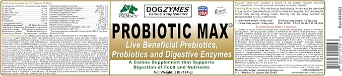 Dogzymes Probiotic Max -10 billion CFU's Probiotics, Prebiotics, Digestive Enzymes - Relieves Diarrhea, Upset Stomach, Constipation, Gas, Allergy, Immunity & Overall Health 1 pound