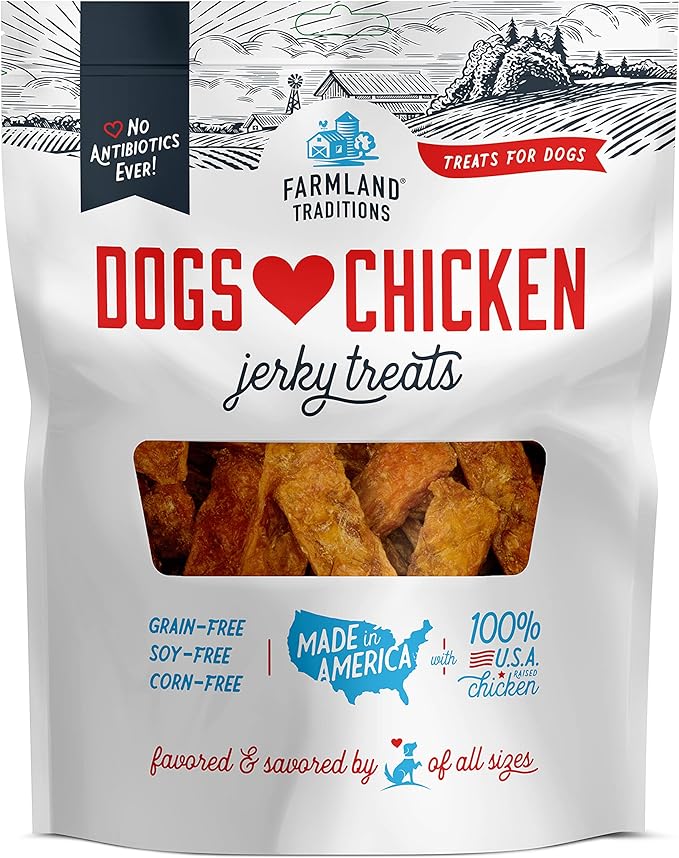 Farmland Traditions Dogs Love Chicken Premium Two Ingredients Jerky Treats for Dogs (1 lb. No Antibiotics Ever USA Raised Chicken)