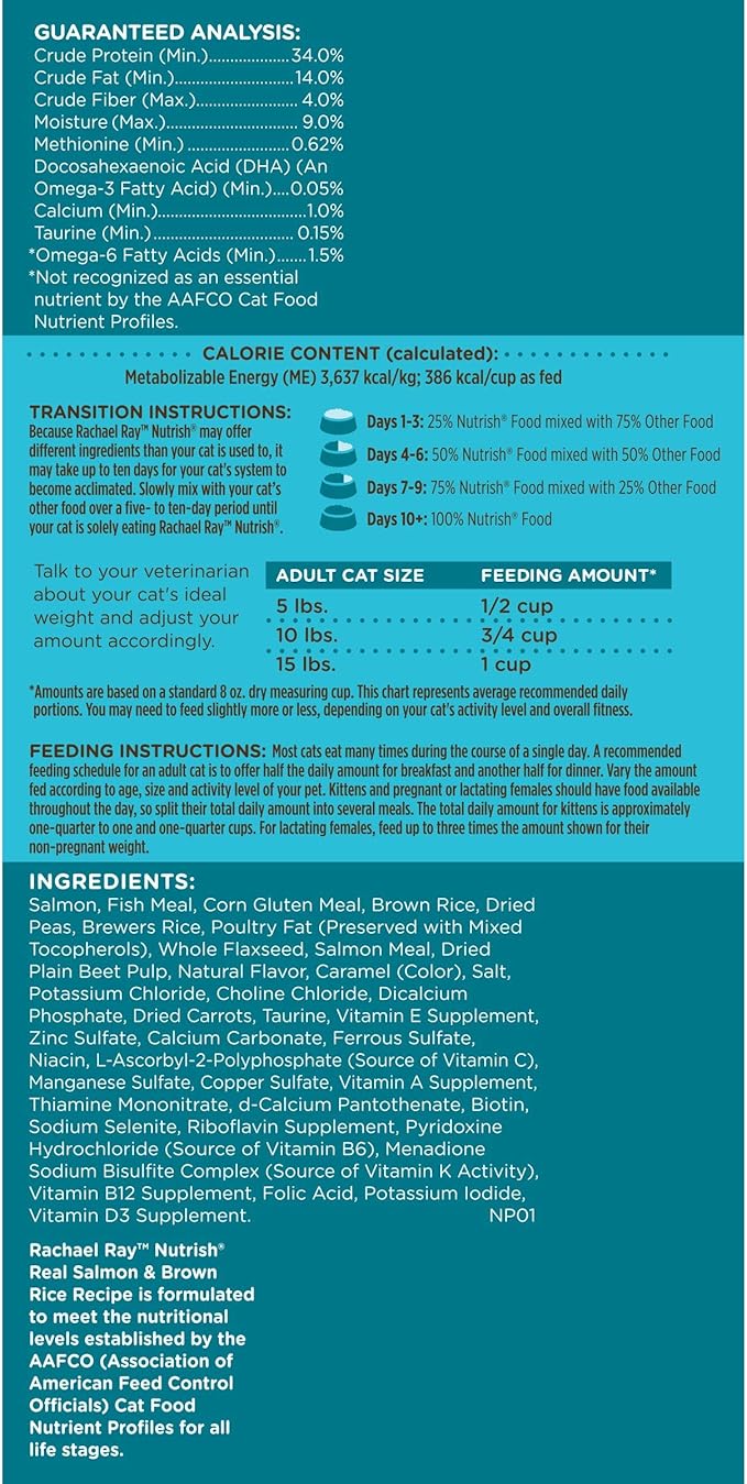 Rachael Ray Nutrish Premium Natural Dry Cat Food with Added Vitamins, Minerals & Other Nutrients, Real Salmon & Brown Rice Recipe, 3 Pound Bag