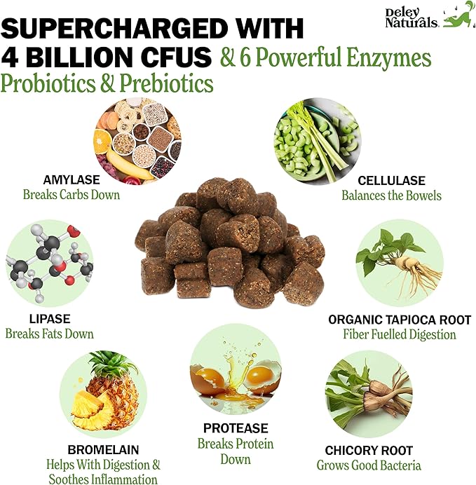 Deley Naturals Probiotics for Dogs - 120 Grain Free Chicken Soft Chews - 4 Billion CFU's, Digestive Enzymes, Prebiotics - Dog Allergies, Diarrhea, Bad Dog Breath, Constipation, Gas, Yeast- Made in USA