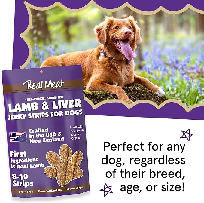 Real Meat Lamb & Liver Jerky Dog Treats - 8 Air-Dried Strips of Jerky Treats for Dogs - Grain-Free Jerky Treats Dog Snacks Made up of 95% Human-Grade Free-Range Lamb - All-Natural Dog Jerky Strips