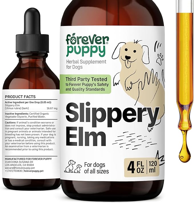 Slippery Elm Drops for Dogs - Gut Health Supplement w/Slippery Elm Bark - Soluble Fiber Digestive Drops for Dogs - Liquid Dog Vitamins and Supplements for Pet's Happy Tummy - 4 oz