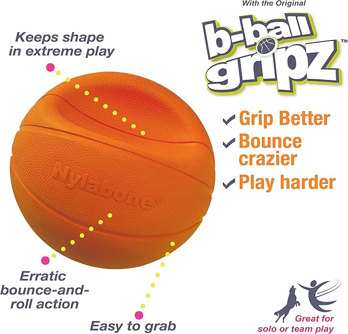 Nylabone Power Play Basketball B-Ball Gripz Fetch Toy, Squeaky Ball Chew Toy for Dogs, Medium (1 Count)