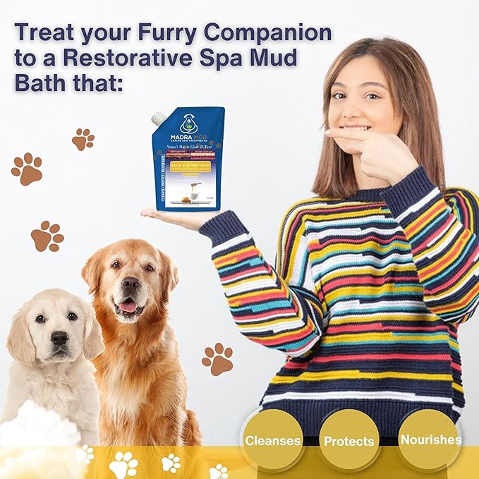 Madra Mor Milk & Honey Mud Spa Bath for Dogs | Dog Bath for Dog Grooming | 10oz Pouch Mud Bath Dog Essentials with Multi-Purpose Key Chain