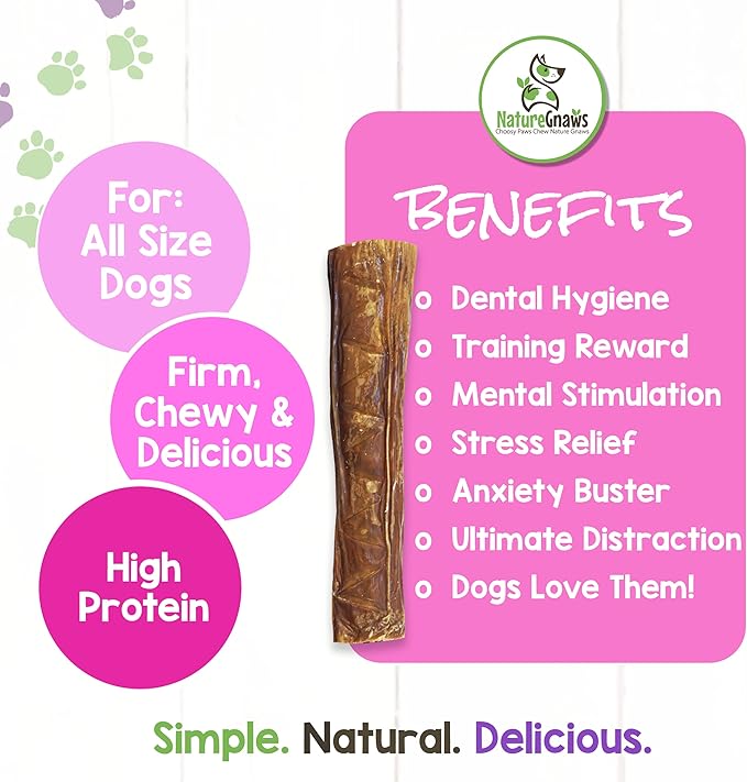 Nature Gnaws Beef Jerky Stuffed Rolls for Dogs - Single Ingredient Beef Gullet Chew Treats - Simple Natural Delicious Dog Chews - Training Reward - 5 Inch - 6 Count