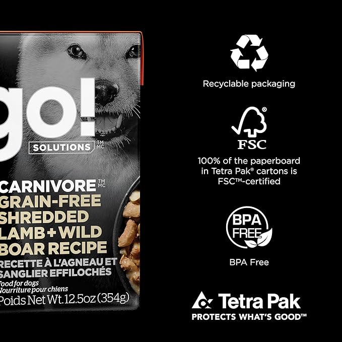 GO! SOLUTIONS Carnivore Protein Rich Wet Dog Food - Grain Free Shredded Lamb and Wild Boar - Complete & Balanced Nutrition for All Life Stages, 12.5 oz (Pack of 6)