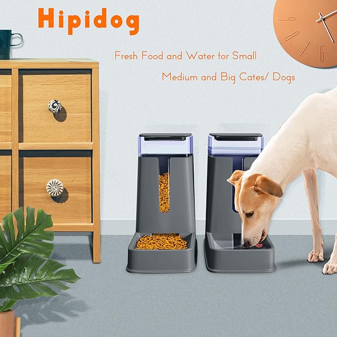 Automatic Cat Feeder and Cat Water Dispenser in Set 2 Packs Automatic Dog Feeder and Dog Water Dispenser 1 Gallon for Small Medium Big Dog Pets Puppy Kitten (deep Gray)