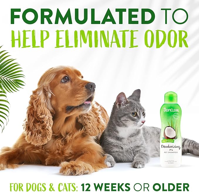 TropiClean Aloe & Coconut Deodorizing Dog Shampoo for Smelly Dogs | Odor Control Shampoo for Stinky Dogs | Natural Pet Shampoo Derived from Natural Ingredients | Cat Friendly | Made in the USA | 20 oz