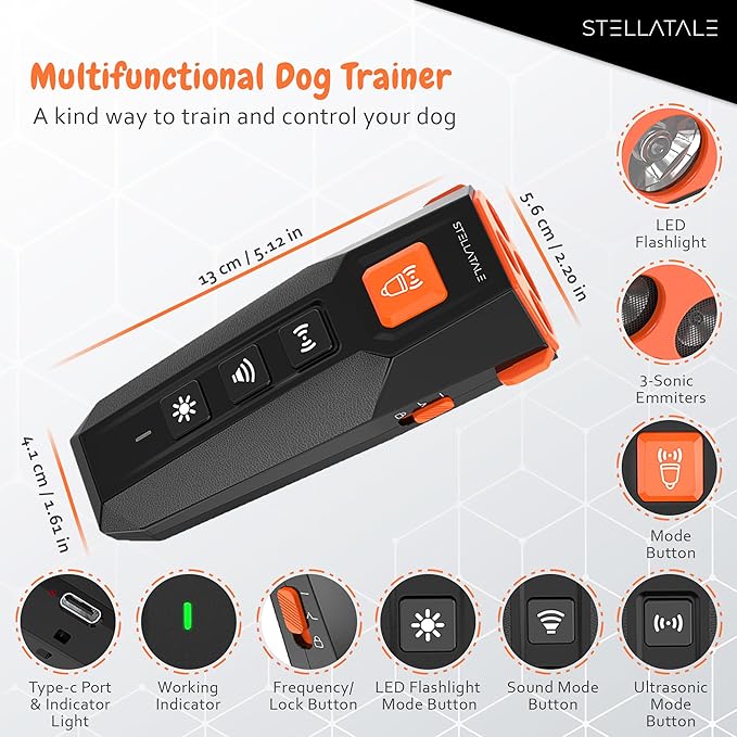 Dog Bark Deterrent & Training Device | 4 Modes| Variable Frequency | Indoor & Outdoor use | Rechargeable | Harmless Barking Control | Stops Barking, Fighting, Chewing | Highly Effective