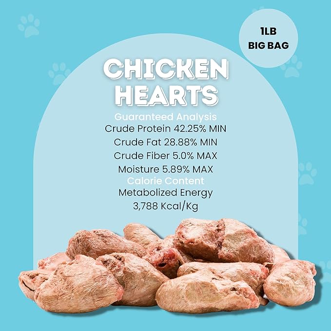 hotspot pets Freeze Dried Chicken Hearts for Cats & Dogs - 1LB BIG BAG -Resealable Bag- Single Ingredient All Natural Grain-Free - Made in USA - Perfect for Training, Topper or Snack (Chicken Hearts)