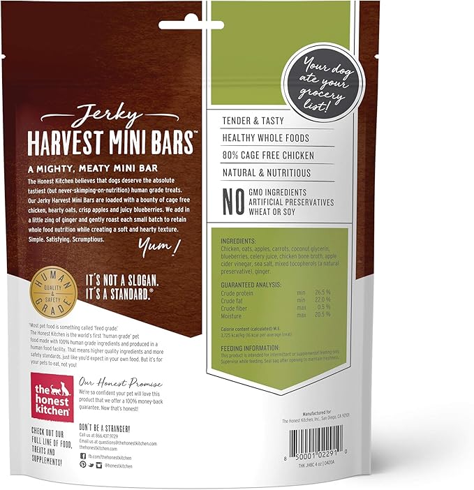 The Honest Kitchen Jerky Harvest Mini Bars: Chicken Recipe With Apples & Blueberries, 4 oz Bag
