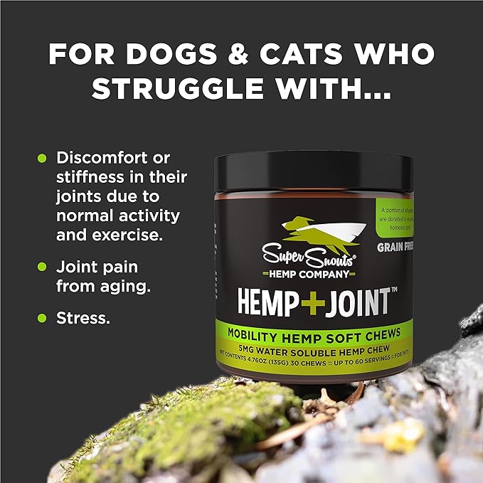 Super Snouts Hemp & Joint Chew for Dogs & Cats, 30 Chews (Up to 60 servings) – Made in USA Hip & Joint Supplement with Green Lipped Mussels, Hemp Helps Calms Joint Inflammation & Relief Joint Pain