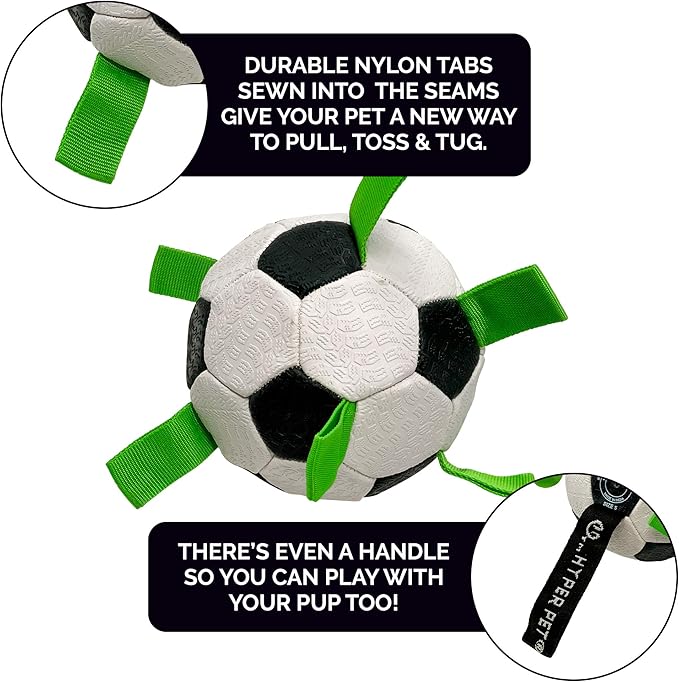 Hyper Pet The Original Grab Tabs Dog Soccer Ball with Straps (5")-Indoor or Outdoor,Interactive Durable Fetch Dog Ball with Tug Toy for All Dog Breeds