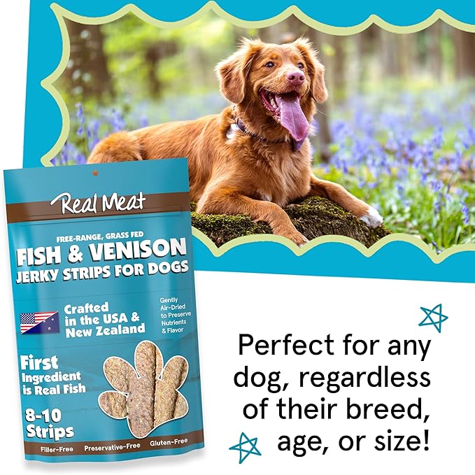 Real Meat Fish & Venison Jerky Dog Treats - 8 Air-Dried Strips of Jerky Treats for Dogs - Grain-Free Jerky Treats Dog Snacks with 95% Human-Grade, All-Natural, Free-Range Venison & Ocean-Caught Fish