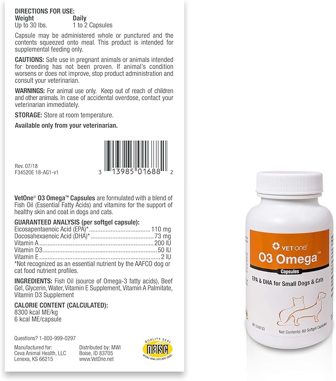 VetOne O3 Omega Soft Gel for Cats & Small Dogs - Essential Fatty Acid Support - Skin & Coat Supplement - 60 Capsules