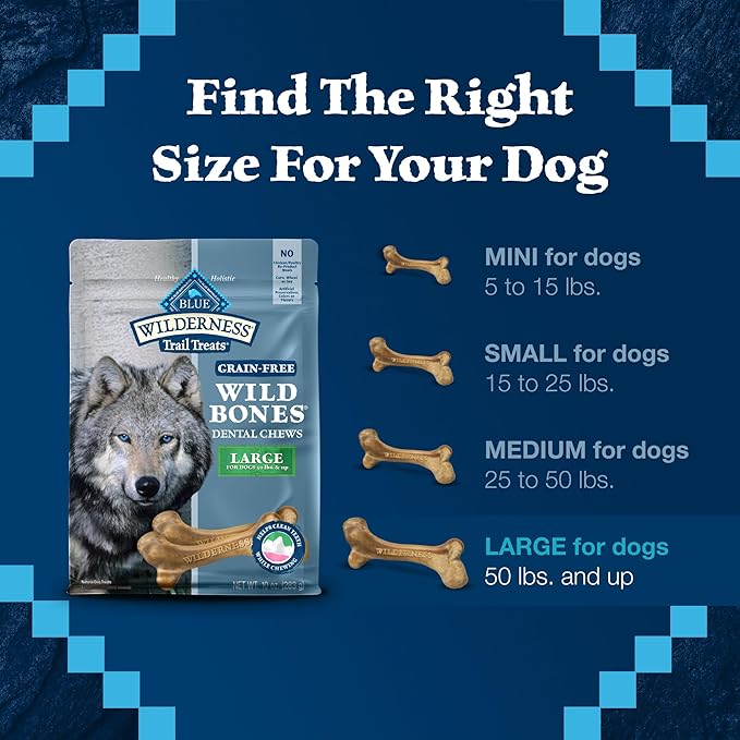Blue Buffalo Wilderness Trail Treats Wild Bones Large Dental Chews, Grain-Free Dog Bones For Large Dogs Made with Natural Ingredients, 10-oz. Bag