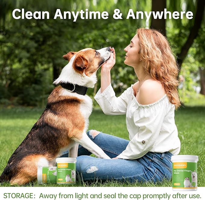Teeth Cleaning for Dogs & Cats - Dental Care Finger Wipes to Remove Bad Breath - Pet Toothbrush Plaque and Tartar Remover - Tooth Brushing Kit (50 Count)