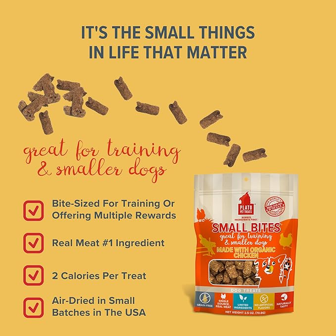 PLATO Small Bites Dog Treats, Natural Bite Sized Real Meat & Chicken Flavor, Grain Free & High in Protein, Air Dried Authentic Ingredients, 2 Calories Per Treat, Made in the USA, 6 Ounces
