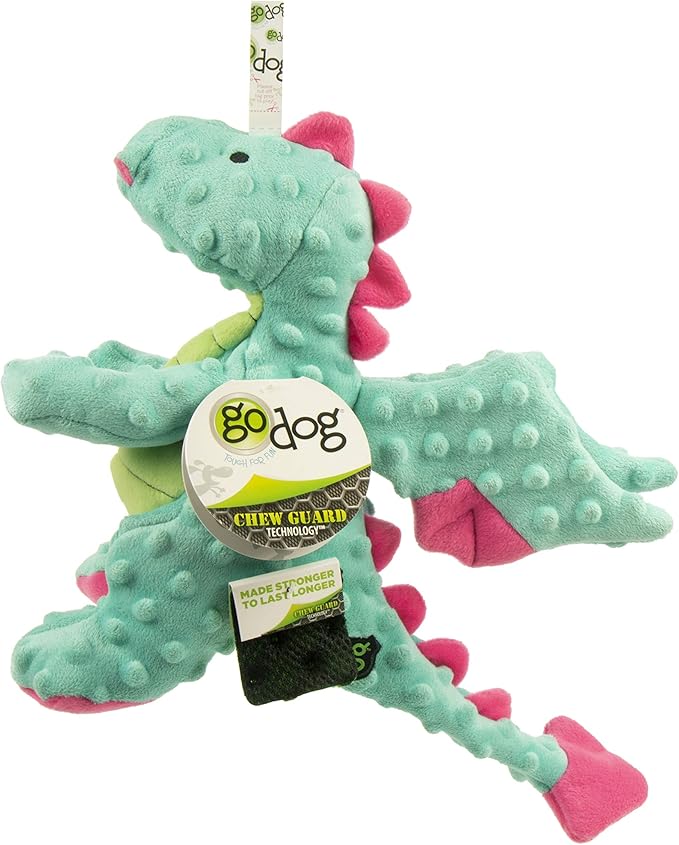 goDog Dragons with Chew Guard Technology Durable Plush Squeaker Dog Toy, Large, Seafoam, Plush Dog Toy