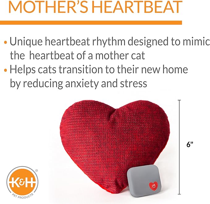 K&H Pet Products Mother's Heartbeat Plush Kitten Calming Toy Heart Pillow Red Kitten Heartbeat 6 Inch
