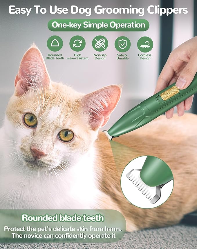 Dog Clippers for Grooming, 2 Speed Low Noise Cordless Dog Paw Trimmer, Rechargeable Small Pet Hair Trimmer for Grooming, Cat Hair Clippers Shaver for Paws, Eyes, Ears, Face, Rump (Green)
