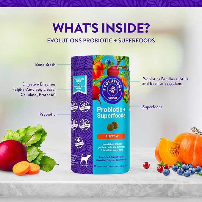 NaturVet Evolutions Probiotic & Superfoods 90ct Soft Chews for Dogs - Prebiotic & Probiotic Blend, Digestive Enzymes, Bone Broth, Omega's - Nourishes Natural Gut Bacteria and Intestinal Microflora