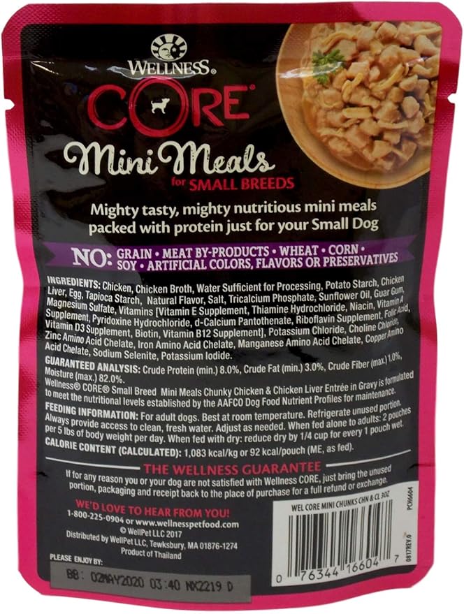 Wellness CORE Mini Meals Grain Free Small Breed Dog Wet Food 3 Flavor 6 Pouch Sampler, 2 Each: Chicken Pate, Chunky Chicken and Liver, Shredded Chicken Turkey (3 Ounces) Plus Toy Bundle