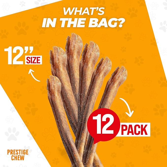 12 Pack 12 Inches Bully Sticks - Natural Beef Stick for Dogs, Long Lasting Tasty Dental Treats, Chewing Bones for Dog, Odorless Bullie Sticks, Bully Bones Made for Dog & Puppies