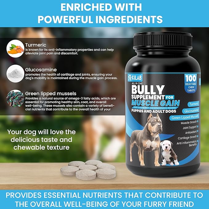 Dog Weight Gainer – 100-Count Muscle Builder Dog Supplement – Muscle Growth Supplement for Dogs, Puppies and Adults – Bully Growth Formula with Turmeric, Glucosamine, Green Lipped Mussels