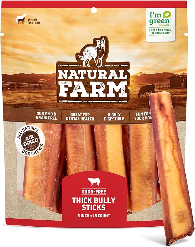 Natural Farm Odor-Free Thick Bully Sticks (6”, 18-pack) ALL-NATURAL Long-Lasting Dog Chews, 100% Beef Pizzle, Grass-Fed, Grain-Free, Protein for Muscle Development & Energy, Perfect For Medium Chewers