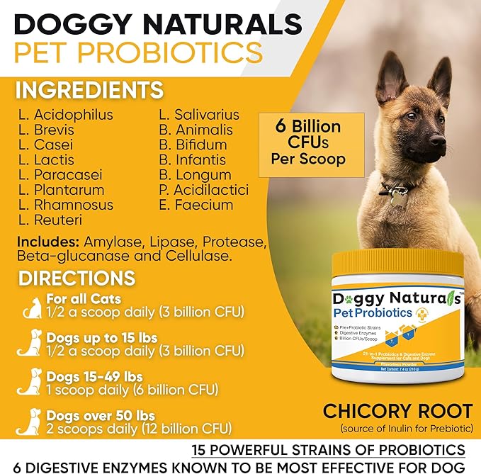 Probiotics for Dogs and Cats - Advanced Max-Strength Digestive Health, Increase & Maintain Proper Gut Flora- All Natural Probiotics Powder - (Made in USA) 7.4 Oz (6 Billion CFU Per Scoop)