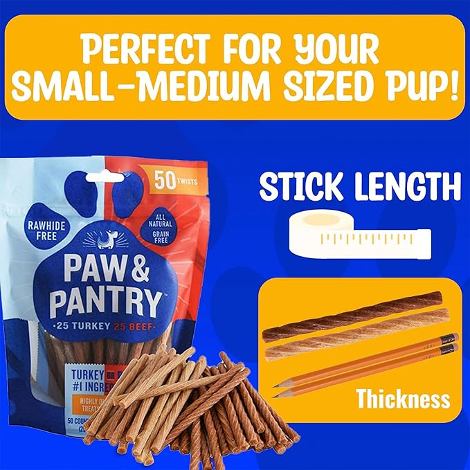 Paw & Pantry 5" Soft & Chewy Stick Twists Made with Real Beef & Turkey - Pack of 50 Rawhide Free Beef & Turkey Dog Treats - Grain-Free Dog Twist Sticks - Healthy Dog Training Treats for Any Size Pup