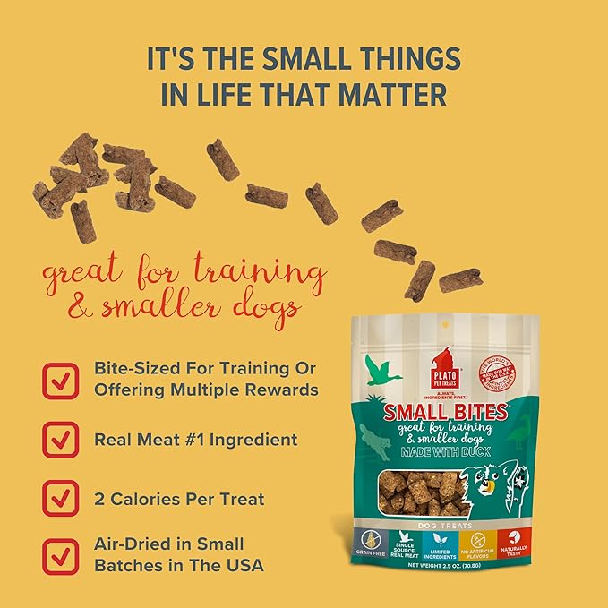 PLATO Small Bites Dog Treats, Natural Bite Sized Real Meat & Duck Flavor, Grain Free & High in Protein, Air Dried Authentic Ingredients, 2 Calories Per Treat, Made in the USA, 2.5 Ounces