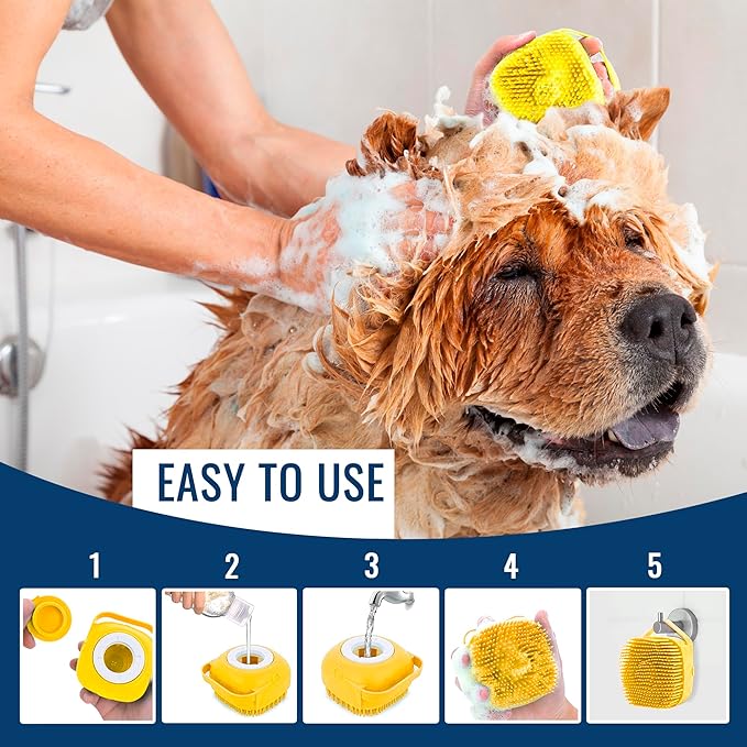 Dog Finger Toothbrush, Dog Shampoo Brush, Dog Accessories: 3 in 1 Dog Bath Brush and 2 Finger Tooth Brush Kit, Essential Puppy Products for Teeth Cleaning, Bathing, and Grooming (Yellow).