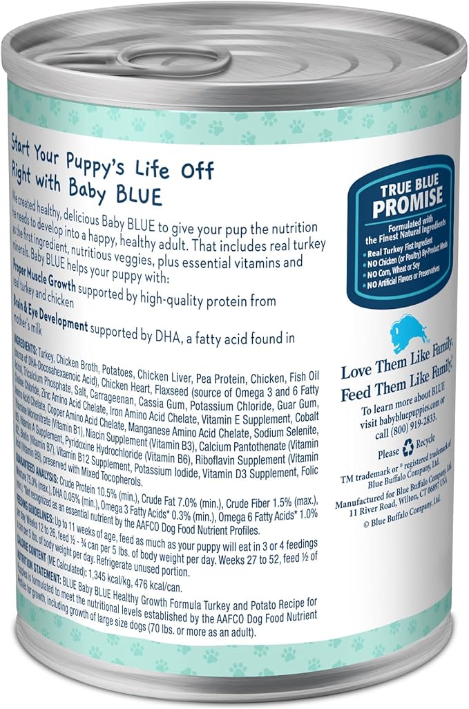Blue Buffalo Baby BLUE Healthy Growth Formula Grain Free High Protein, Natural Puppy Wet Dog Food, Turkey and Potato Recipe 12.5-oz Cans (Pack of 12)