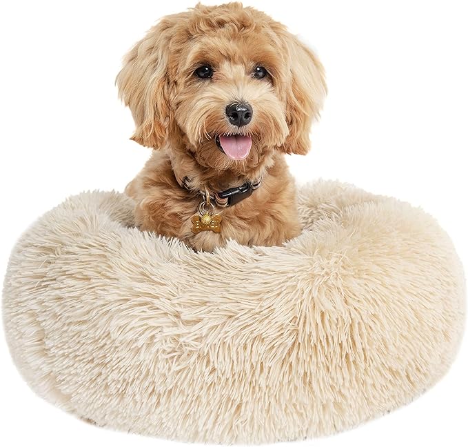 Small Dog Bed Calming Dogs Bed for Small Medium Large Dogs Anti-Anxiety Puppy Bed Machine Washable Warming Cozy Soft Pet Round Bed Fits up to 10-100 lbs (Small (Pack of 1), Beige)