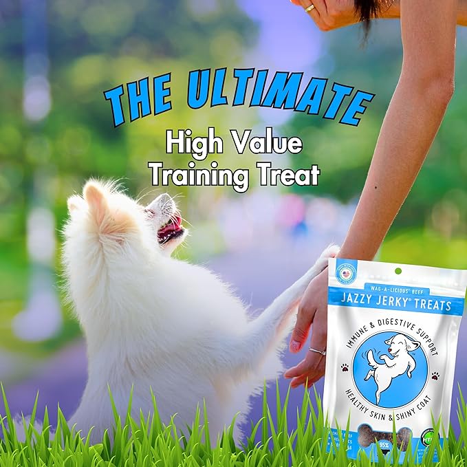 Jazzy Jerky Treats, Wag-A-Licious Beef 2-PACK, 95% Protein, Prebiotics for Gut & Immune Health, Omega 3s & 6s for Skin & Coat Health, Made in USA, All Ages, (Two 15 oz bags)