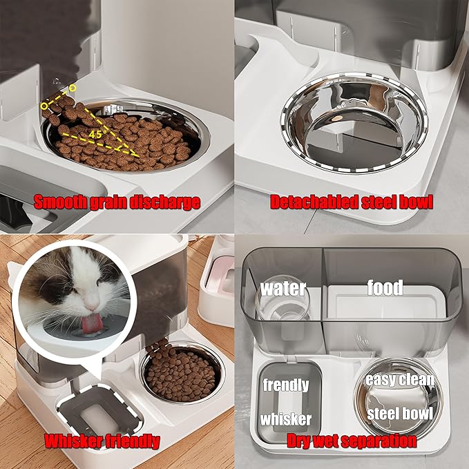 Automatic Cat Food Water Dispenser Gravity Pet Self Feeder Dry Food Bowl and Watering Supplies Dispenser for Indoor Small Medium Dog Puppy Kitten 2 in 1 (GREY)