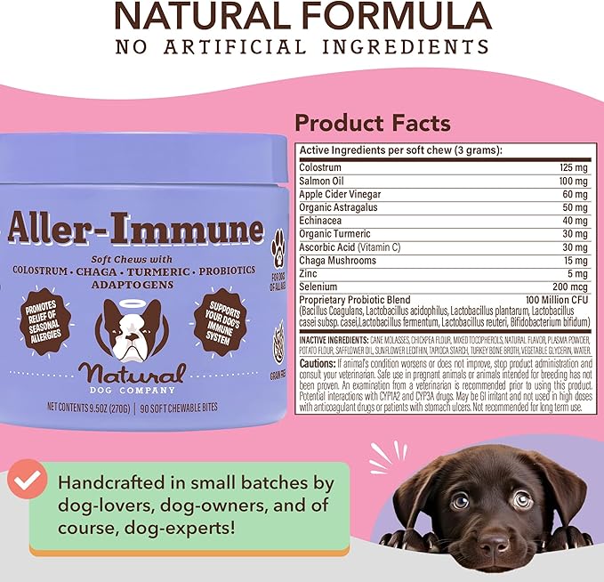 Natural Dog Company Aller-Immune Chews (90 Pieces), Turkey Flavor, with Canine-Specific Probiotics, Allergy Immune Supplement for Dogs of All Ages, Sizes & Breeds, Boosts Immune System, Antioxidant