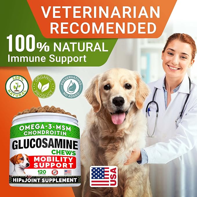 Glucosamine Treats for Dogs - Joint Supplement w/Omega-3 Fish Oil - Chondroitin, MSM - Advanced Mobility Chews - Joint Pain Relief - Hip & Joint Care - Bacon Flavor - 120 Ct - Made in USA