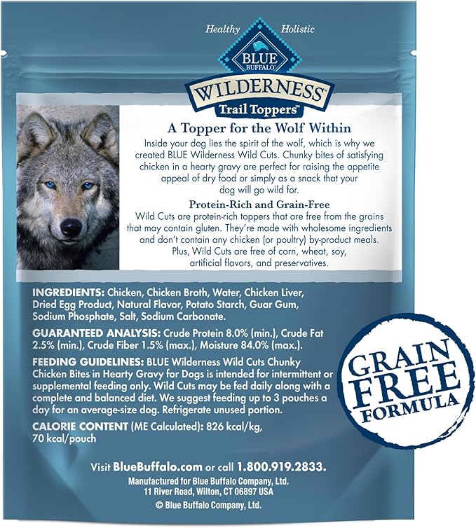 Blue Buffalo Wilderness Trail Toppers Wild Cuts High Protein Natural Wet Dog Food, Chunky Chicken Bites in Hearty Gravy, 3 Oz pouches (Pack of 24)