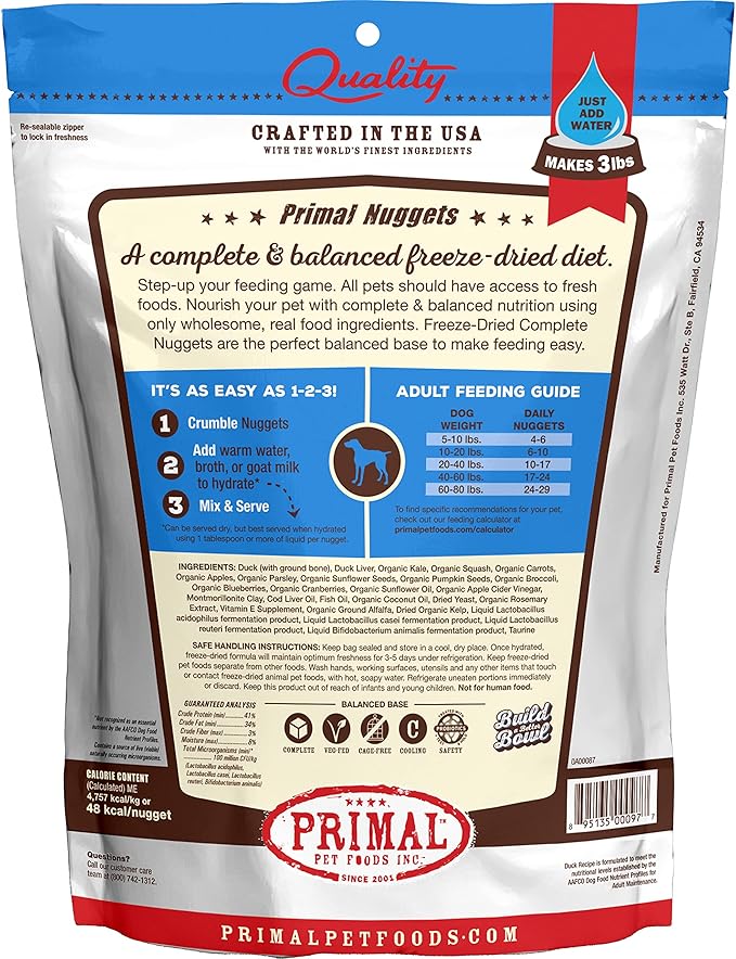 Primal Freeze Dried Dog Food Nuggets, Duck; Complete & Balanced Meal; Also Use as Topper or Treat; Premium, Healthy, Grain Free, High Protein Raw Dog Food, 14 oz