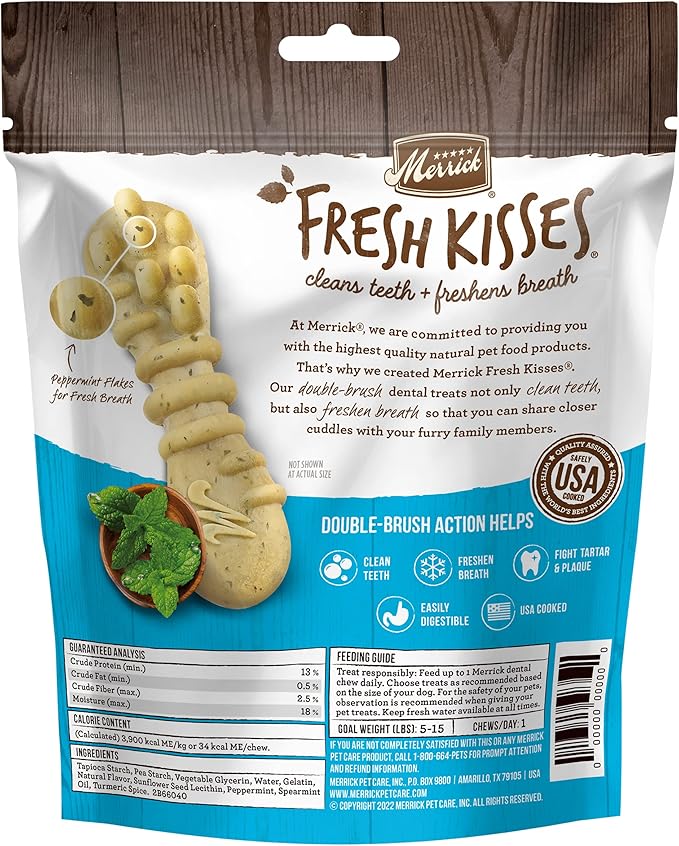 Merrick Fresh Kisses Natural Dental Chews Toothbrush Treat Shape Infused With Real Mint For Tiny Dogs 5-15 Lbs - 20 ct. Bag(Pack of 1)